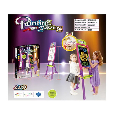 Tablica 3 w 1, magnetyczna, suchościeralna,   malowanie światłem, rozmiar tablicy po rozłożeniu 99 x 41 x 37,5 cm,  w zestawie 1 x dwustronna tablica, 4 x zmywalne flamastry,   4 razy flamastry  