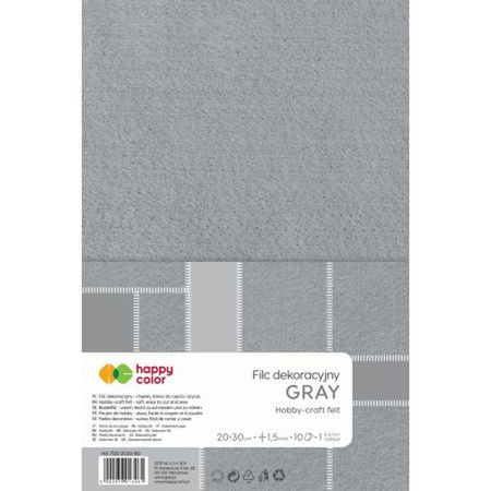 Filc dekoracyjny, 20x30 cm, 1,5 mm, 10 ark., szary, Happy Color