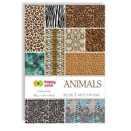 Happy Color Blok z motywami ANIMALS, 80g/m2, A4, 16 ark, 15 motywów