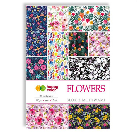 Happy Color Blok z motywami FLOWERS, 80g/m2, A4, 15 ark, 25 motywów