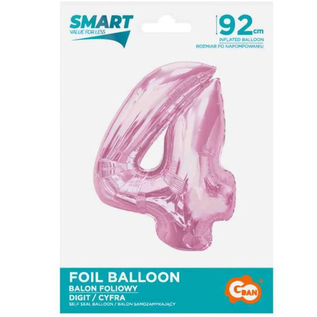 Balon foliowy Smart, cyfra 4, j. różowa, 92 cm