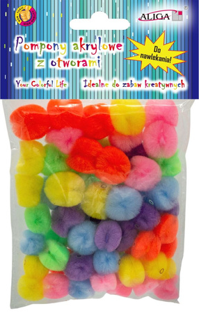 Pompony akrylowe PM-0010 z otworem w środku. Opakowanie zawiera 60 szt