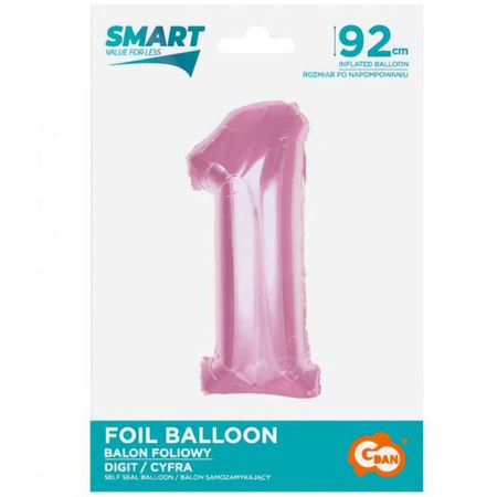 Balon foliowy Smart, cyfra 1, j. różowa, 92 cm