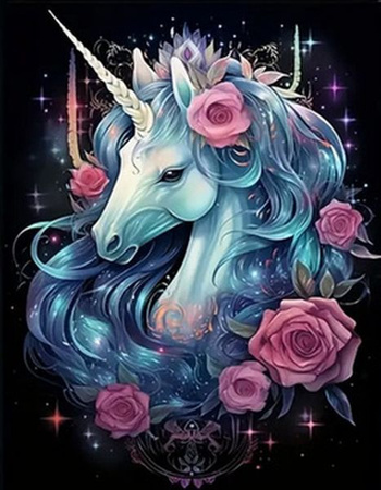 DIAMENTOWA MOZAIKA JEDNOROŻEC PORTRET W RÓŻACH PAK 30   30X40