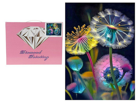 wyklejanka - mozaika diamentowa w drewnianej oprawie, rozmiar obrazka 40x30cm, dmuchawce, 24 kolory z długopisem; 41x31x2cm, BOX