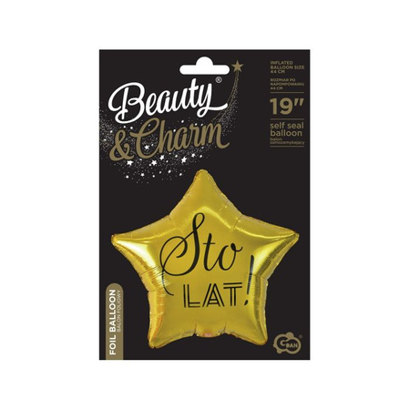 Balon foliowy Sto Lat, gwiazda złota, nadruk czarny, 19'