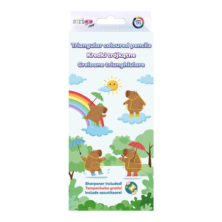 Kredki ołówkowe trójkątne STRIGO z serii Kapibara, temperówka, 12 kolorów