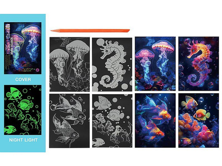 Wydrapywanka kolorowa fluo, świeci w nocy, morskie zwierzęta; 32x25x0,2cm