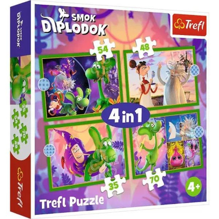 Puzzle 4w1 Smok Diplodok, Świat Smoka Diplodoka, Trefl