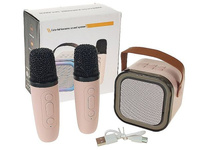 karaoke, zestaw 2 mikrofonów z głośnikiem Bluetooth 8,5x8,5x7cm, z kablem USB; 14x14x8cm,