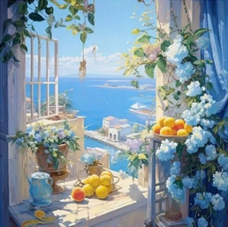 DIAMENTOWA MOZAIKA POMARAŃCZE I OKNO Z WIDOKIEM NA GRECKIE WYBRZEŻE 30x40cm