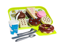 Zestaw deserowy, ciastka na tacy, sztućce, napój; 28x20,5x5,5cm, PVC