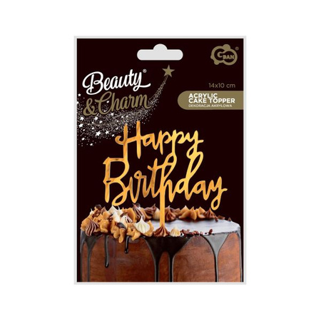 Dekoracja akrylowa na tort Happy Birthday, złota, 14x10 cm