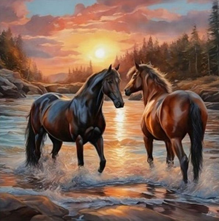 DIAMENTOWA MOZAIKA KONIE DWA NAD BRZEGIEM NA TLE ZACHODZĄCEGO SŁOŃCA P