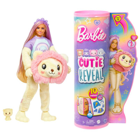 Barbie Cutie Reveal Lew Lalka Seria Słodkie stylizacje Lalka w kostiumie lwa z 10 niespodziankami, zmiana koloru, HKR06