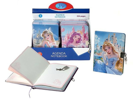 pamiętnik z kłódką B6, 18x12,5cm, wzór księżniczki, w linie, display 12szt; 29x18,5x11cm