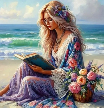 DIAMENTOWA MOZAIKA KOBIETA CZYTAJĄCA NA WYBRZEŻU 30X40cm