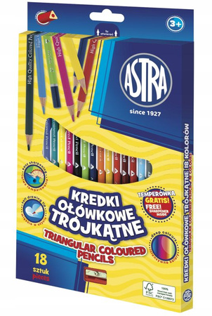 Kredki ołówkowe trójkątne ASTRA - 18 kolorów z temperówką