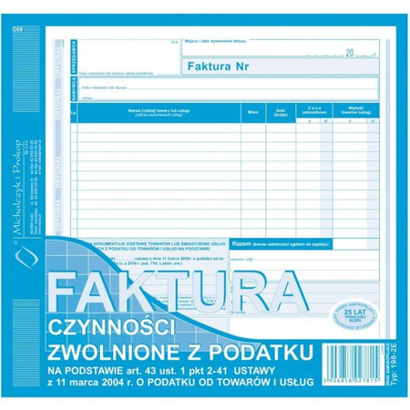 FAKTURA 2/3 A4 CZYNNOŚCI ZWOL.Z PODATKU