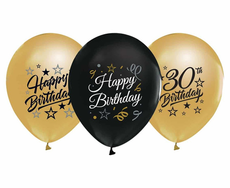 Balony Beauty&Charm 12' z nadrukiem '30', złote i czarne, 5 szt.