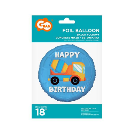 Balon foliowy Betoniarka (Happy Birthday), 18'