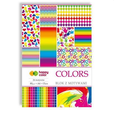 Happy Color Blok z motywami COLORS, 80g/m2, A4, 15 ark, 26 motywów