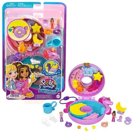 Polly Pocket Basen jednorożca Zestaw kompaktowy z lalkami, 12 akcesoriami i 2 elementami zmieniającymi kolor, zabawa z wodą HKV34