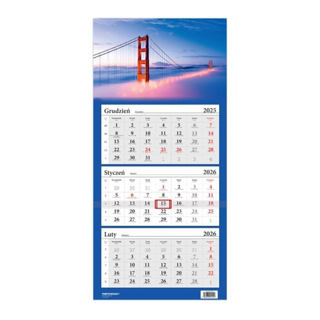 Kalendarz 2026 trójdzielny Most Golden Gate
