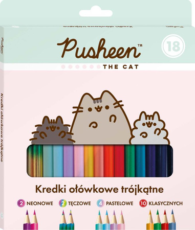 KREDKI OŁÓWKOWE 18 kol. 18 cm.PUSHEEN: 10 standard + 2 neon + 2 tęcza