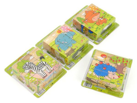 układanka drewniana 10x10cm –kwadratowe kostki 3,5x3,5cm z obrazkami zwierząt, 4 różne obrazki; 14,5x13,5x3,5cm