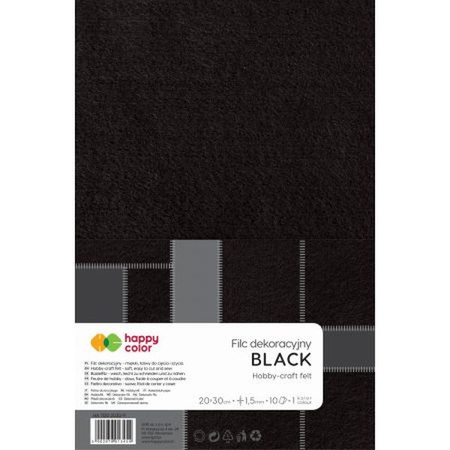 Filc dekoracyjny, 20x30 cm, 1,5 mm, 10 ark., czarny, Happy Color
