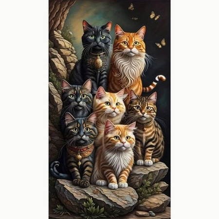 DIAMENTOWA MOZAIKA KOTY RODZINA NA SKAŁACH 30X40cm