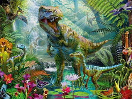 DIAMENTOWA MOZAIKA DINOZAUR T-REX Z DZIECKIEM W PUSZCZY PAK 120 WYM 40