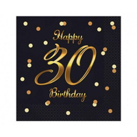 Serwetki B&C Happy 30 Birthday, czarne, nadruk złoty, 33x33 cm/ 20 szt