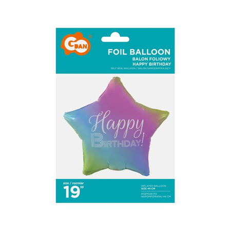 Balon foliowy Happy Birthday, gwiazda gradient, nadruk biały, 19'