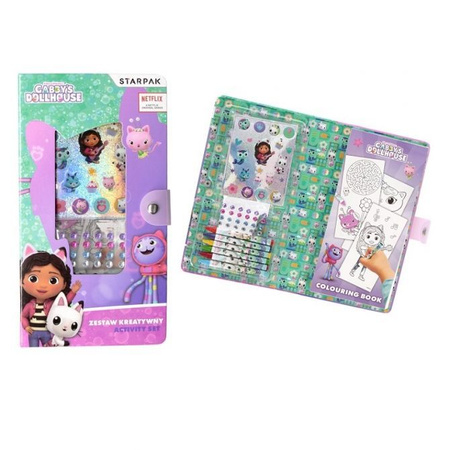 Zestaw kreatywny Koci Domek Gabi ( 1x kolorowanka, 6 x kredki woskowe, naklejki, 24 x diamenciki)