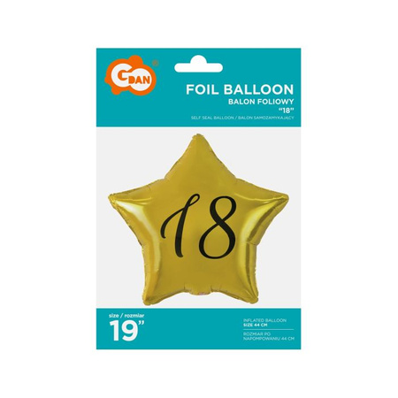 Balon foliowy '18' gwiazda złota, nadruk czarny, 19'