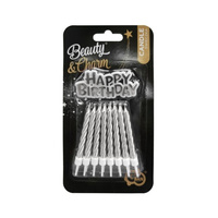 Świeczki B&C urodzinowe Happy Birthday, srebrne, 16 szt.