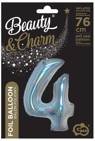 Balon foliowy B&C, Cyfra 4, holograficzna srebrna, 76 cm