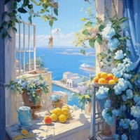 DIAMENTOWA MOZAIKA POMARAŃCZE I OKNO Z WIDOKIEM NA GRECKIE WYBRZEŻE 30x40cm