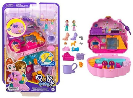 Polly Pocket Salonik piękności pudelka Zestaw kompaktowy z lalkami, zabawą w wodzie i 2 elementami zmieniającymi kolor, HKV35