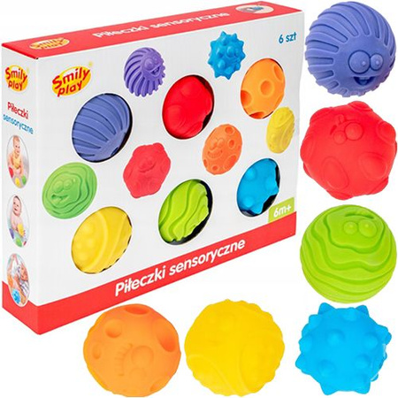 KULE SENSORYCZNE SMILY PLAY ANTYSTRESOWE, zestaw 6 piłeczek