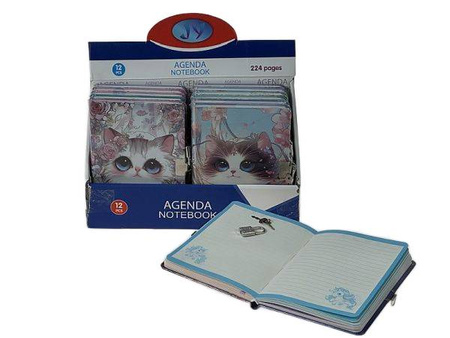 pamiętnik z kłódką B6, 18x12,5cm, wzór koty, kartki w linie i czyste, display 12szt; 29x18,5x11cm