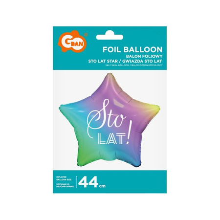 Balon foliowy Sto Lat, gwiazda gradient, nadruk biały, 19'