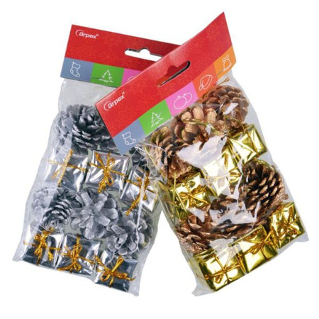 Komplet ozdób choinkowych - prezenciki szyszki (12 szt.) złote