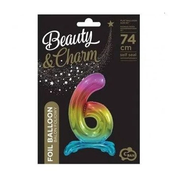 Balon foliowy Cyfra stojąca tęczowa '6'- Wielkość 74 cm
