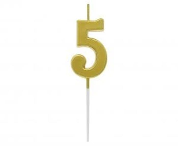 Świeczka na tort piker B&C cyferka 5, metaliczna złota, 9.5x2.3 cm
