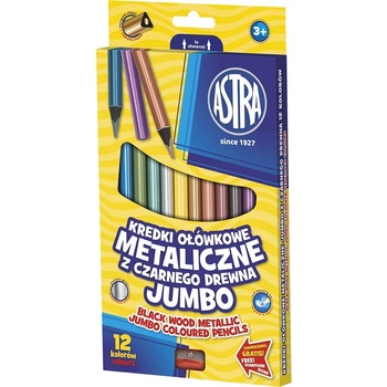 KREDKI OŁÓWKOWE TRÓJKĄTNE, METALICZNE JUMBO+TEMPERÓWKA 12 KOLORÓW