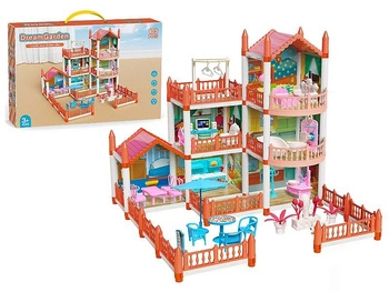 Domek 2 piętrowy dla lalek 53x51,5x47cm, z wyposażeniem i ogrodzeniem; 45,5x30x11cm, Box