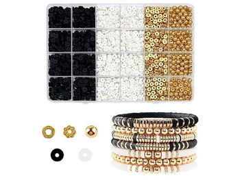 Zestaw do robienia bransoletek, koraliki czarne, białe, złote, aplikacje, sznurki; Box